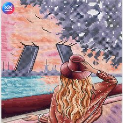 bridge landscape cross stitch pattern, river cross stitch chart, girl cross stitch, cityscape cross stitch, digital pdf