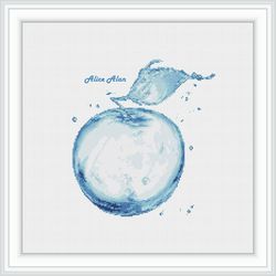 Cross stitch pattern kitchen Apple water silhouette abstract fruit ecology monochrome blue counted crossstitch patterns