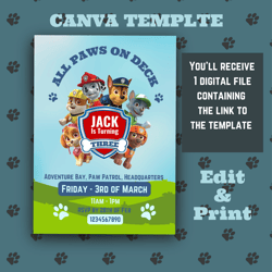 paw patrol birthday invitation, chase birthday invitation, cartoon party invite, dog party invitation, canva template