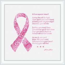Cross stitch pattern Pink ribbon silhouette floral ornament text monochrome female health counted crossstitch patterns