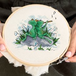 cute frogs pdf cross stitch patterns - frog couple counted chart - funny frogs embroidery - spring with frogs xstitch
