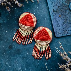 beaded orange earrings, beige fringe earrings,boho wedding earrings, gifts for her, beaded earring