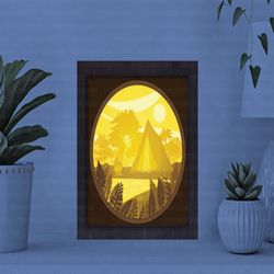 camping paper cut light box, shadow box template, paper cutting template, light box svg files, 3d papercut lightbox svg,