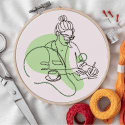 abstract line art minimalistic cross stitch pattern - detailed pdf guide - working woman