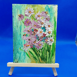 purple daisies painting flower bouquet wildflowers art summer flowers small painting romantic painting chamomile impasto