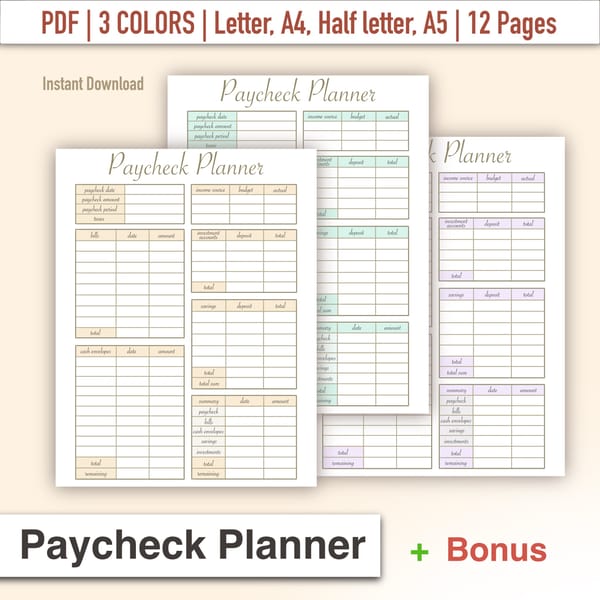 Paycheck Planner, Paycheck Planner Template, Financial plann Inspire