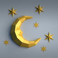 3d Papercraft Crescent Moon And Stars PDF SVG DXF Templates