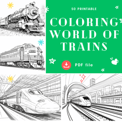 Colouring Page for Kids "Train World" Colouring book for adults / Trains Printable Coloring book for boys, 50 pages A4