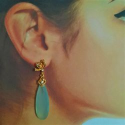 Bridal Aqua chalcedony long gold dangling crystals earrings .Wedding gemstone blue green drops jewelry. Gift for woman/