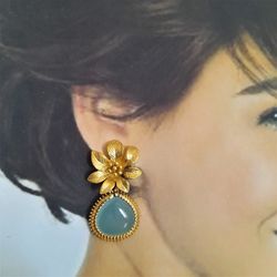 Gold flower and aqua chalcedony dangling earrings. Natural gemstone light green color drop cute jewelry. Gift for woman.