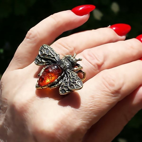 Bee Ring Gold Brass with Amber Large Cocktail Insect Ring - Inspire Uplift