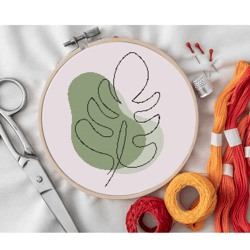 aestheticc line art leaf - detailed cross stitch pattern - pdf guide - easy beginner friendly
