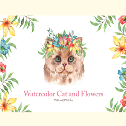 Watercolor Cat and Flowers