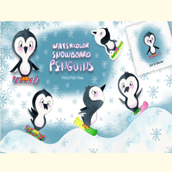 Watercolor Snowboard Penguins