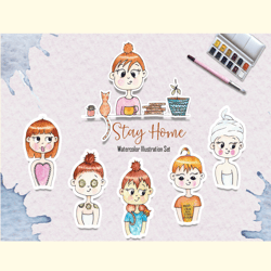 Watercolor Stay Home Girl Illustrations