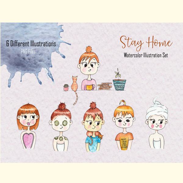 Watercolor Stay Home Girl Illustrations_ 0.jpg