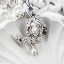 Moon Goddess Selene Luna necklace ,Moonstone pendant, mascot luck gift, moon lunar