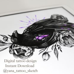 Crow Tattoo Designs Feminine Raven Tattoo Sketch Ideas, Instant download JPG, PDF, PNG