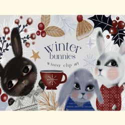 Cute Winter Bunnies Illustrations PNG