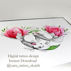 Pisces Tattoo Designs For Female Two Fish Tattoo Designs Sketch Ideas, Instant download JPG, PDF, PNG