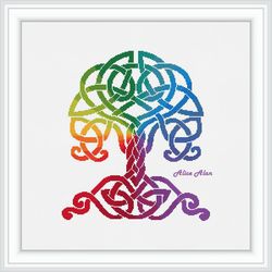 Cross stitch pattern silhouette Tree Oak celtic knot ornament rainbow abstract colorful counted crossstitch patterns PDF
