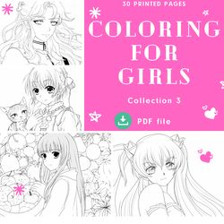 Anime Adventures Colouring book for girl Simple, Colouring Page for Kids  Printable Coloring book for girls, 30 pages A4