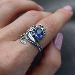 tanzanite silver ring, handmade wave style ring