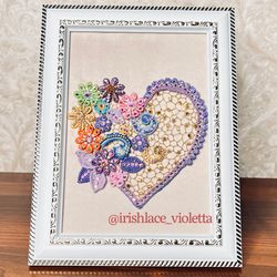 Collectible Irish crochet multicolor heart, valentineheart crochet wall decor, crochet valentine's day gift