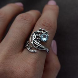 topaz silver ring, handmade wave style ring