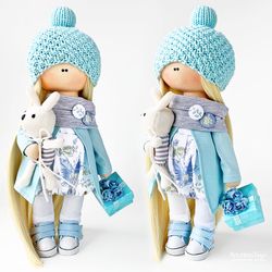 Handmade doll Textile doll Light blue doll Light blue decor 28 cm doll Rag doll Interior doll Gift doll Gift for mom