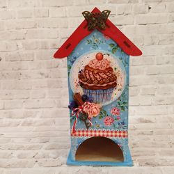 Tea House with Cake Decoupage Tea Storage Box Wooden Tea Bag Storage Box Tea Box Organizer for Mother's Day Gift