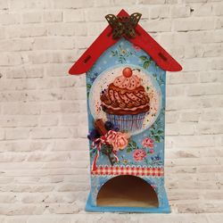 tea house with cake decoupage tea storage box wooden tea bag storage box tea box organizer for mother's day gift