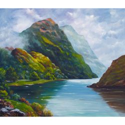Mountain Lake Painting Landscape Original Art Impressionist Art Large Wall Art Mountains Painting 28"x32" Ksenia De