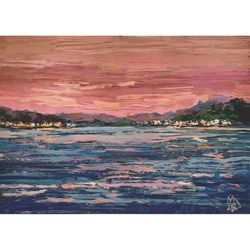 Seascape at Pink Sunset 5x7" ORIGINAL ART Impressionist Small gouache Painting Signed by artist Marina Chuchko