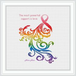 Cross stitch pattern Pink ribbon silhouette floral ornament rainbow woman female health counted crossstitch patterns PDF