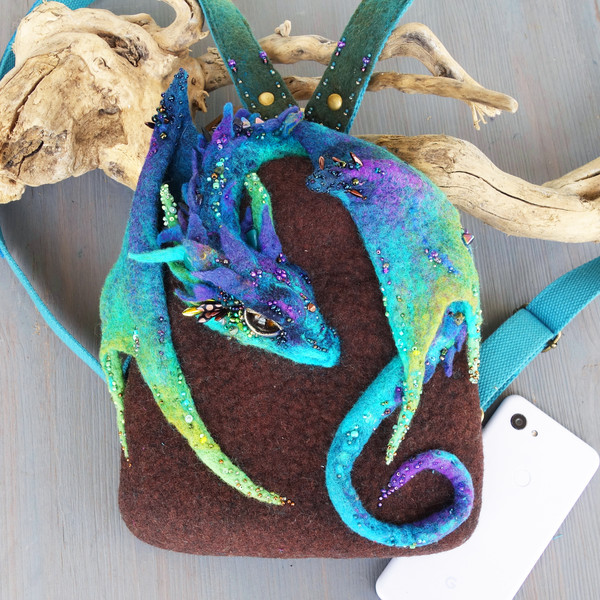 blue purfle dragon wings felted mini backpack felt purse.jpg