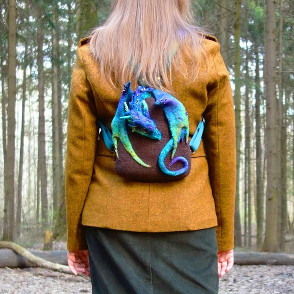 Dragonhide Backpack Turquoise Dragon Felt Mini Backpack with Beads Embroidery - Inspire Uplift