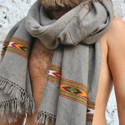 warm Himalayan pure wool handloomed shawl , kullu scarf, wrap, oversized scarf with etnic tribal embroidery