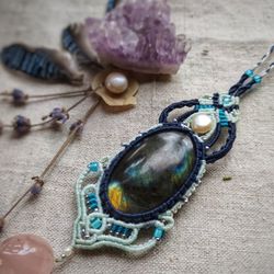 labradorite macrame gemstone pendant, large rhinestone bohemian necklace, semi precious healing stone jewelry, February