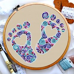 Mandala baby foot cross stitch pattern, Baby footprints cross stitch, Cross stitch nursery, Digital PDF