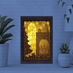 christmas fire paper cut light box, shadow box template, paper cutting template, light box svg files, 3d papercut lightb
