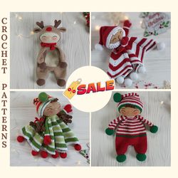 SALE 4-in-1 Christmas Baby Loveys Amigurumi Crochet Patterns, Crochet Elves, Crochet Santa, Crochet Reindeer Doll