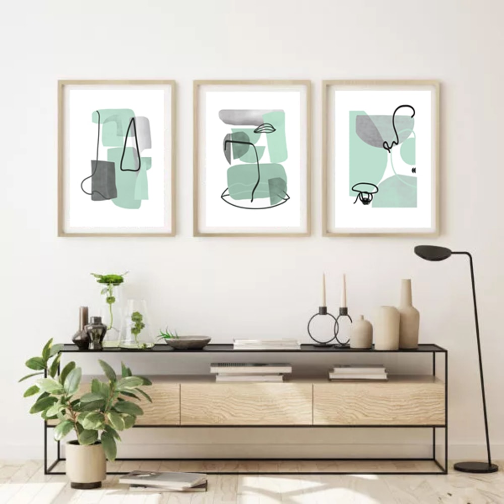 Green Posters Set Of Three Prints, Abstract Painting Large Triptych Wall Art Scandi Art, Green Gray Art Digital Download