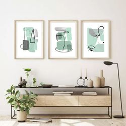 Large Print, Green Posters, Set Of Three Prints, Abstract Painting, Triptych Wall Art, Green Gray Art, Digital Download