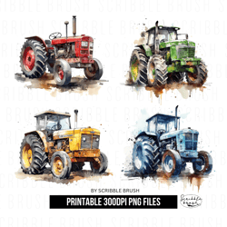 Watercolour Farm Tractors PNG Clipart Bundle