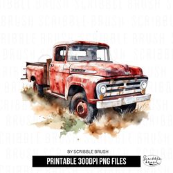 Watercolour Red Vintage Farm Truck PNG Clipart