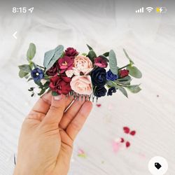 Navy flower hair comb with eucalyptus, Flower wedding hair accessories, Burgundy flower hair comb, Wedding accessories