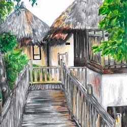 Tropical painting Watercolor painting Bungalow painting Village art Beach house painting Tropical landscape painting