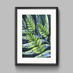 Watercolor poster with abstract leaves , Watercolor digital file, Printable, Blue-green painting, Art print, Graphics