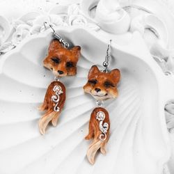 Fox earrings dangle, pearl earrings dangle,Polymer clay earrings animals, Earrings Handcrafted Clay